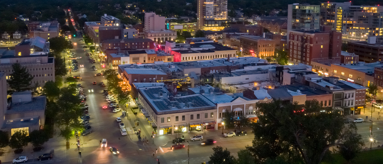 drone image at dusk over Iowa City